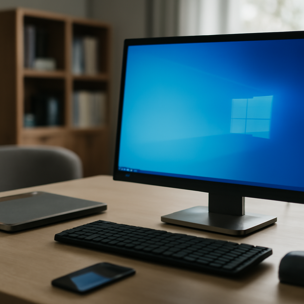 Windows host computer on an office workstation with a blurred desktop screen.