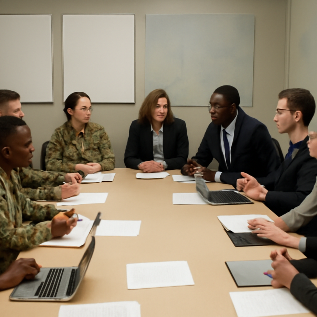 Diverse group of military, government, and tech experts in a meeting around a blank conference table.