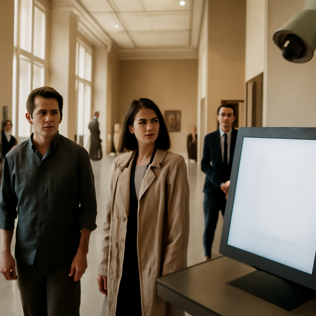 Museum visitors and staff stand in a brightly-lit gallery with a sense of unease, near a blank computer screen and security…