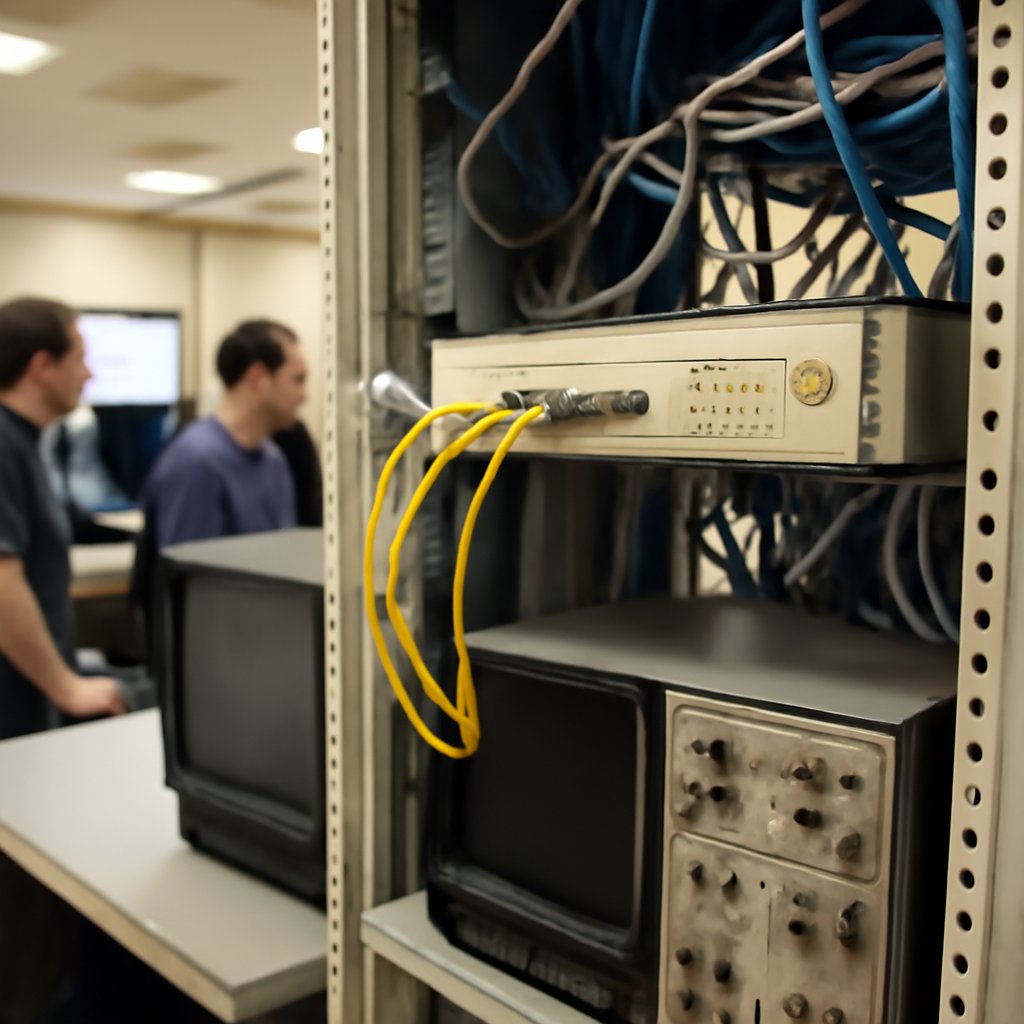 Technicians monitor industrial control system equipment on a rack amidst cabling and machinery.