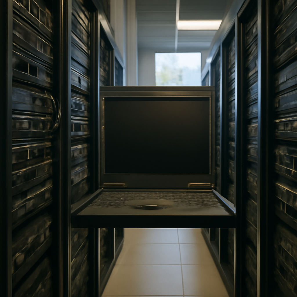 Server room with rows of equipment and one terminal with a blank screen, suggesting a breach.
