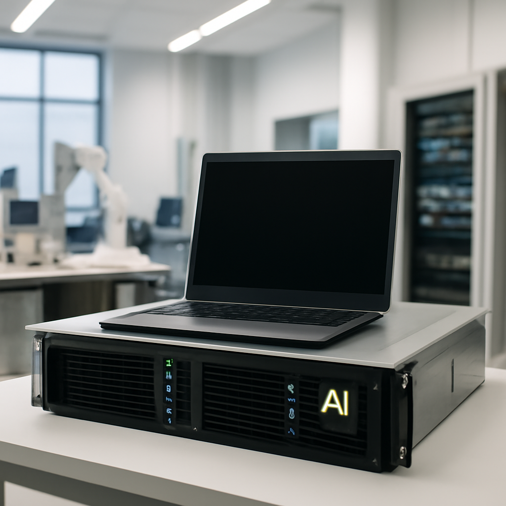 A clutter-free workstation with a blank laptop screen in a brightly-lit research facility.