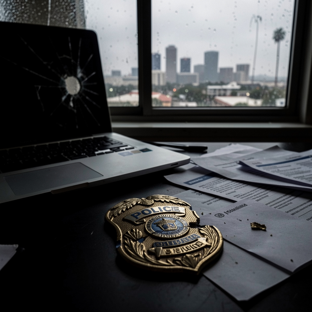Broken police badge on dark surface with cracked laptop and scattered papers, cityscape visible through rain-soaked window.