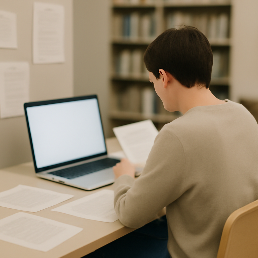 Person sits at desk with laptop and papers in quiet, institutional setting surrounded by blurred notes and documents.