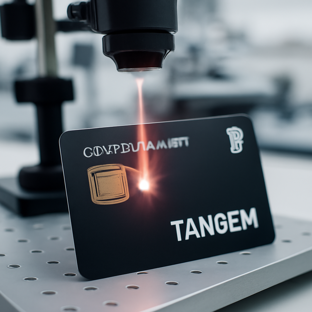 Close-up of Tangem crypto-wallet card on lab bench with laser device in background.