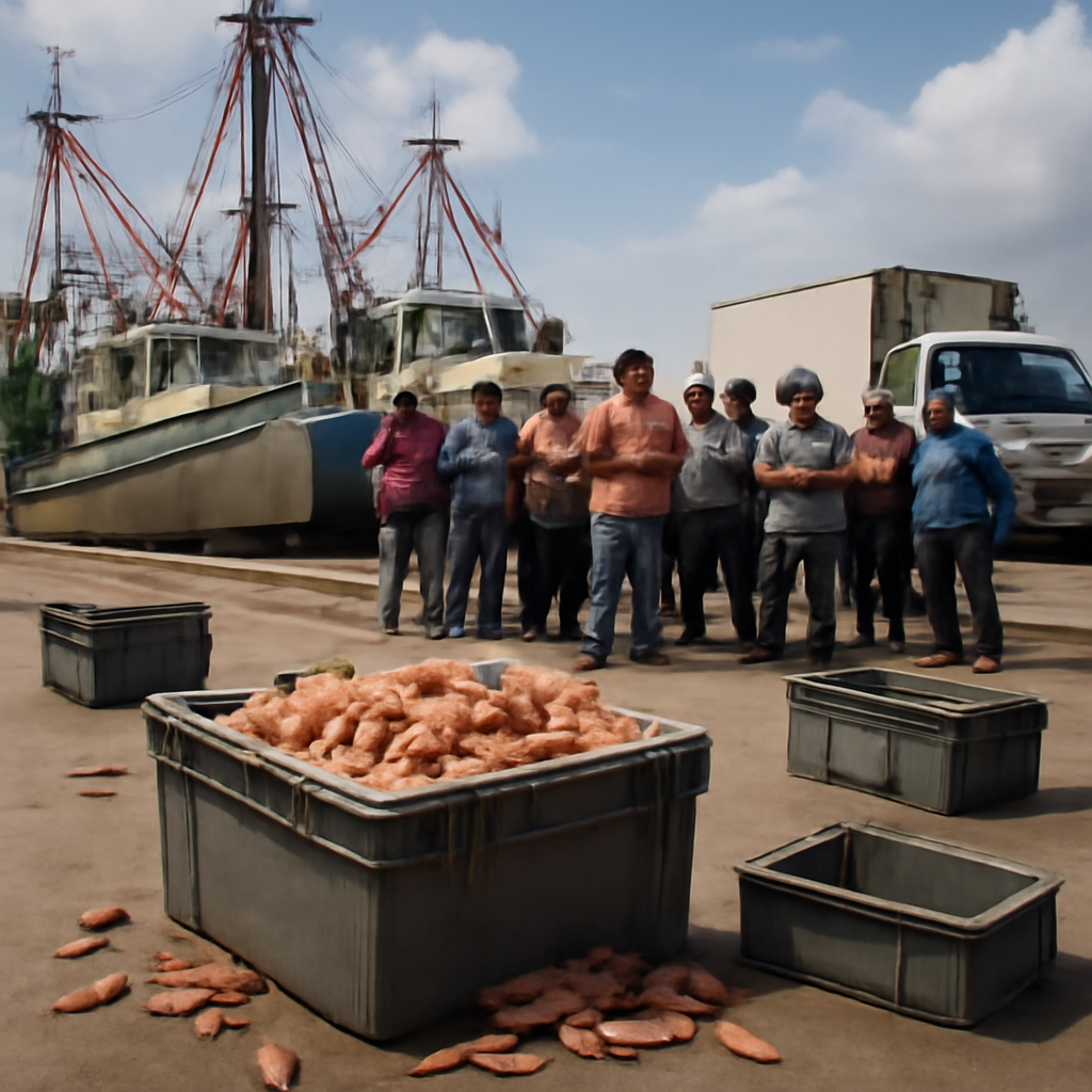 Workers stand near a crate of shrimp at a Honduran port, looking concerned under a daytime sky.