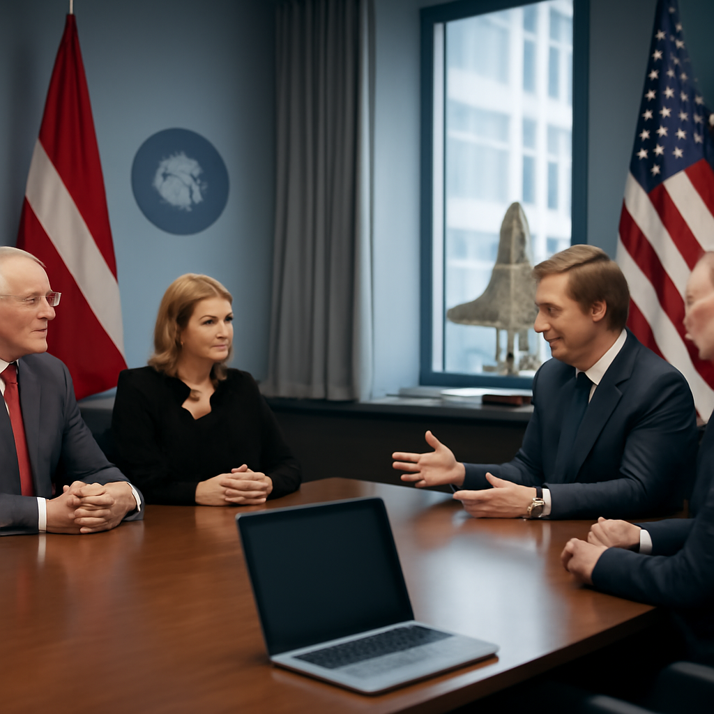 Formal meeting room with Latvian and US officials, high-tech equipment on modern conference table.