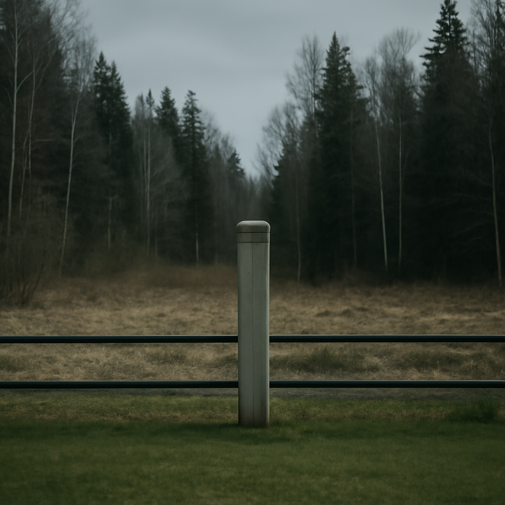 Serene border crossing with weathered marker separating manicured Latvian landscape from rugged woods.