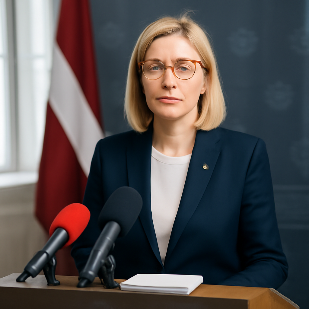 Prime Minister Evika Siliņa stands at a podium with a subtle Latvian flag in the background, addressing reporters with a…
