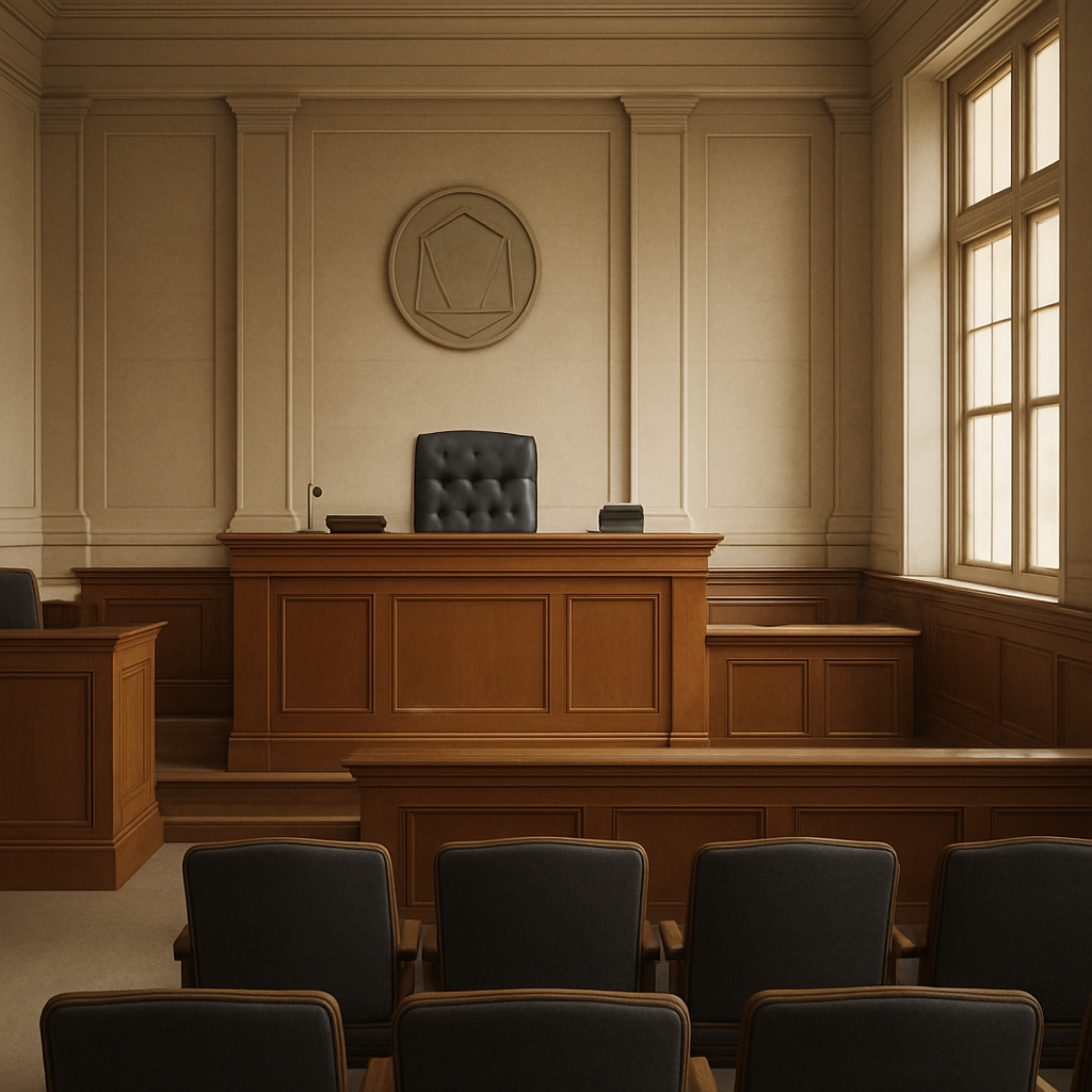 Interior of a federal courthouse with judge's bench, chairs, and empty wall emblem, lit by natural daylight.