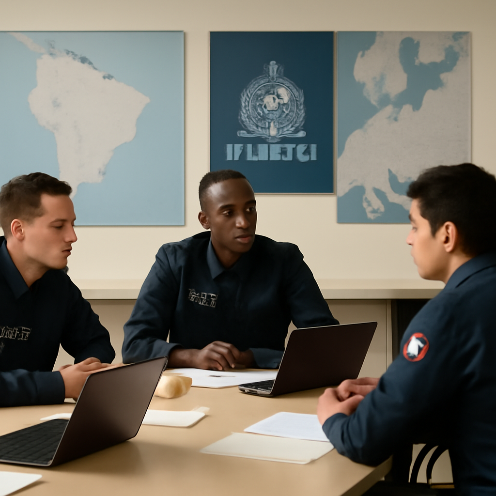 Law enforcement officers from multiple countries gather around a table for a briefing, with a large map of Latin America…
