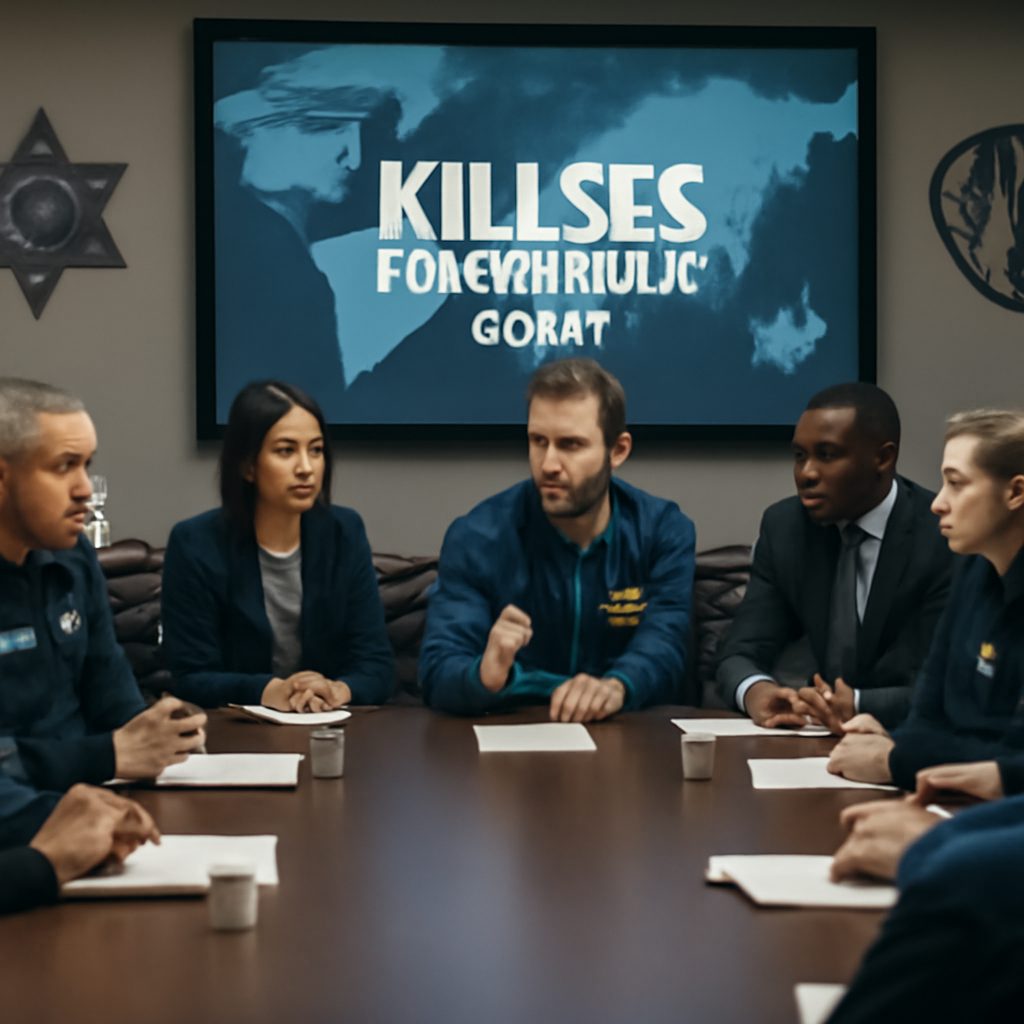 Global law enforcement officials gather around a table with a large screen displaying a world map in the background.