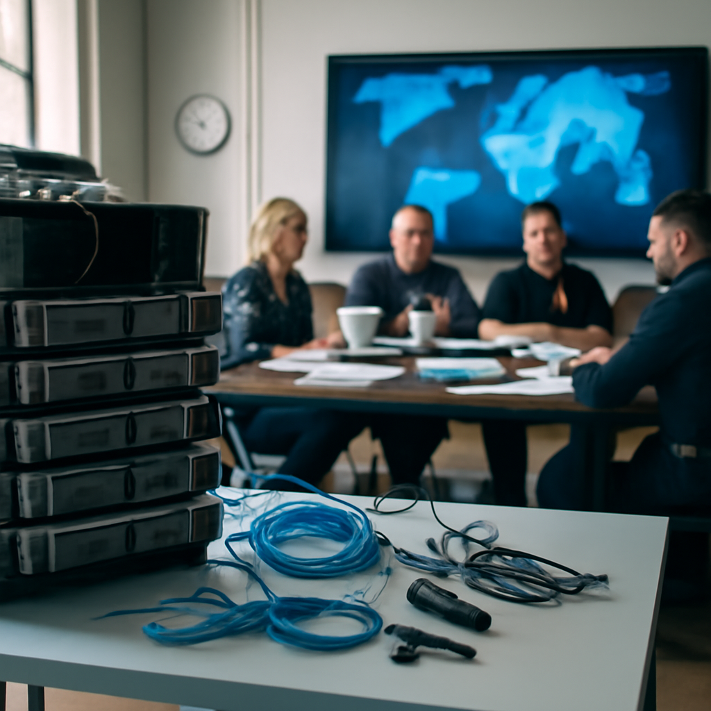 Law enforcement officers and investigators gather around a table with laptops and papers in a briefing room with a global…