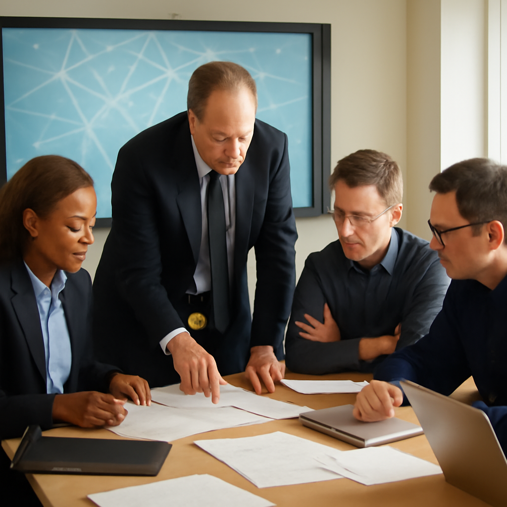 Law enforcement officials gather around a large screen displaying a network diagram.