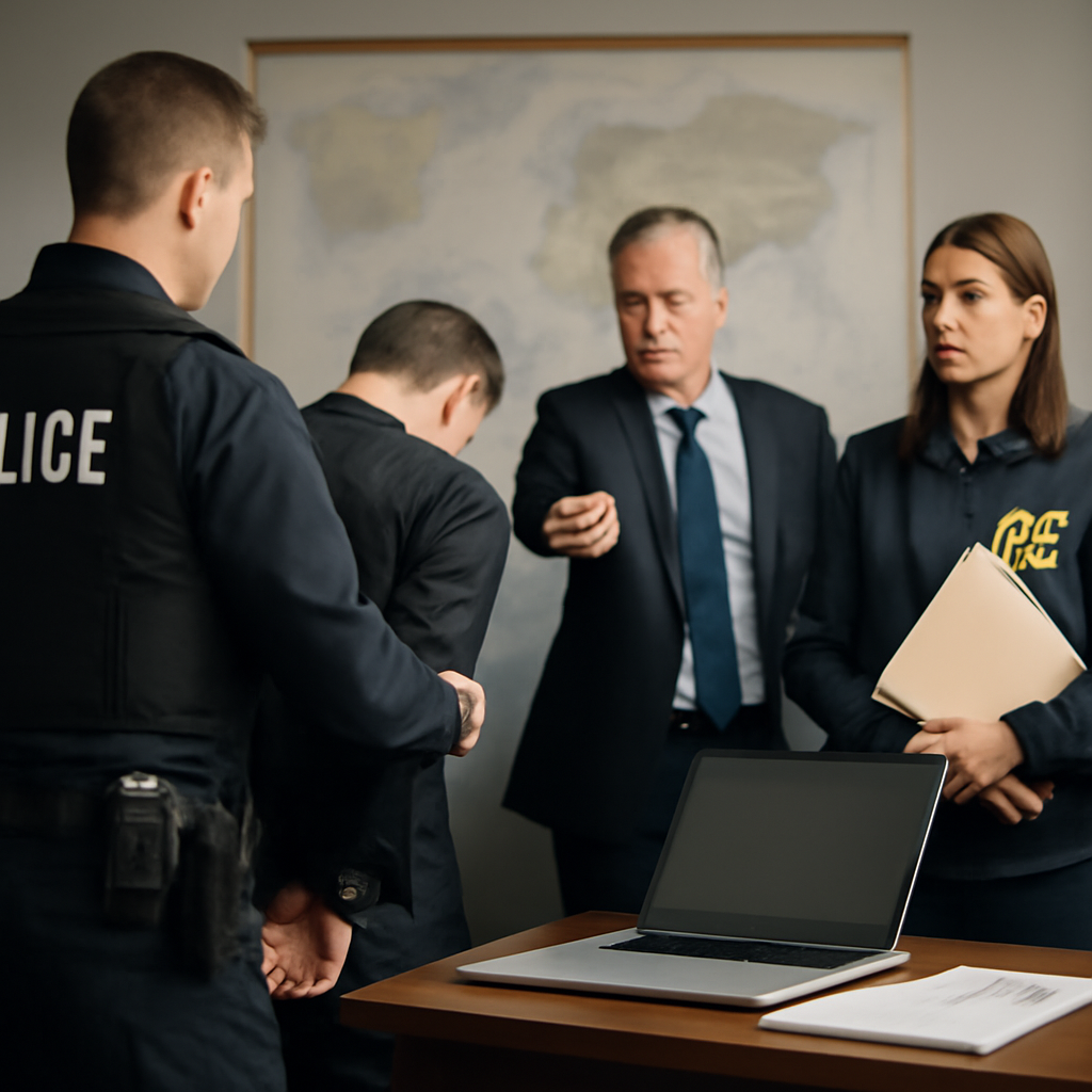 Law enforcement officials gather around a podium in a briefing room, dismantling a malware network.