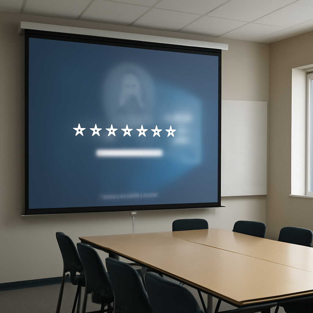 Blurred password on a projector screen in a well-lit conference room.