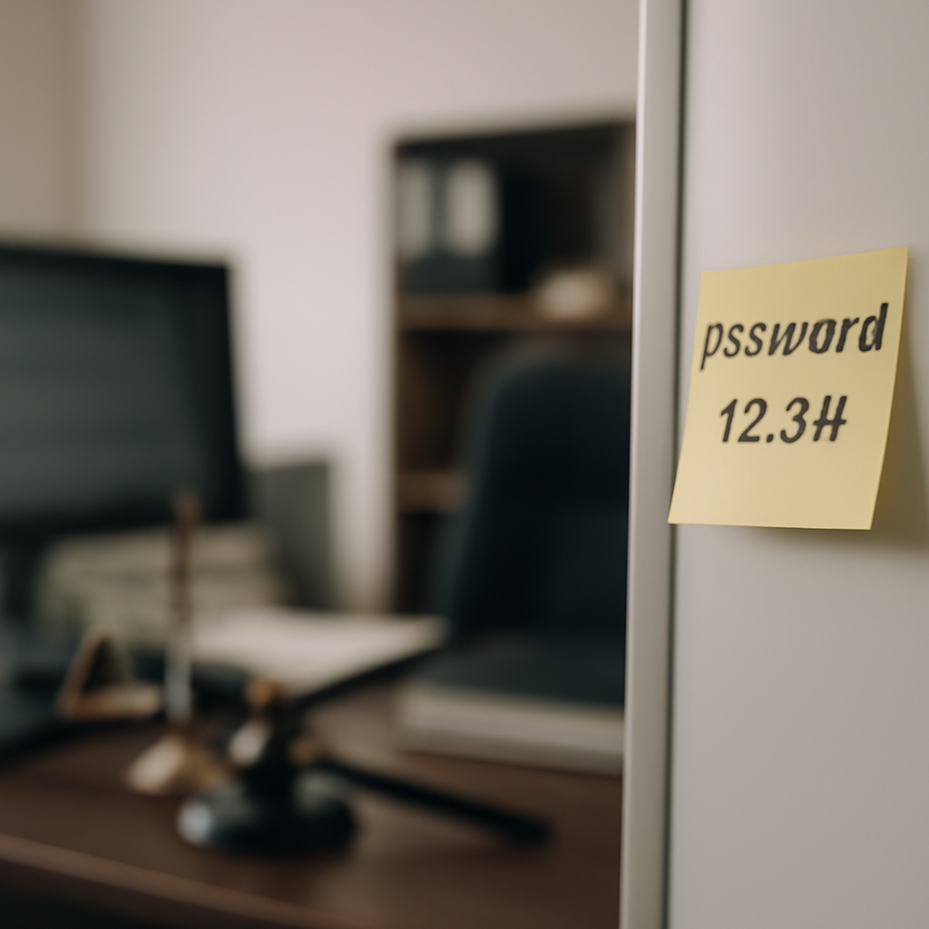 Vulnerable password on whiteboard amidst blurred office equipment and files.