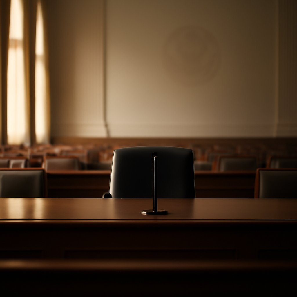 Empty chair sits at center of government hearing room table surrounded by neutral decor and daylight from tall windows.