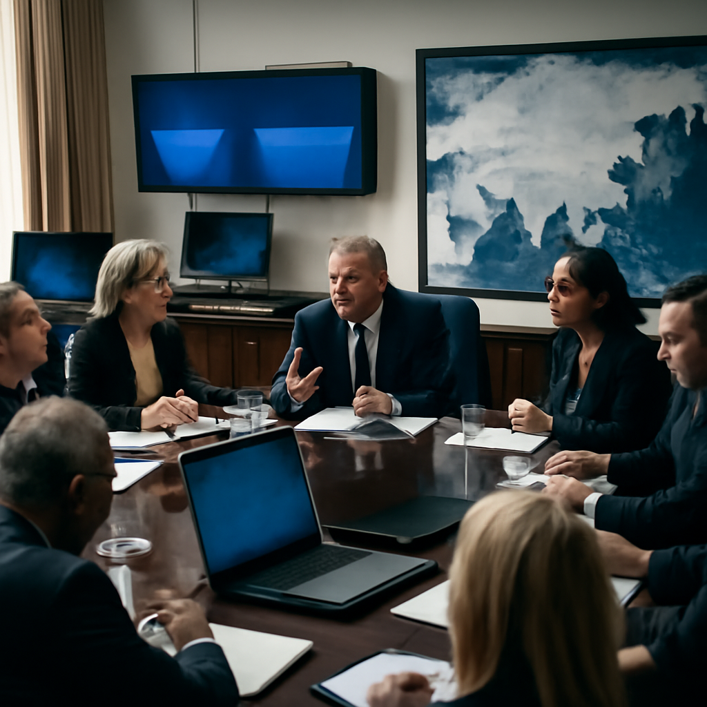 Lawmakers and staffers gather around a large table with screens and briefing materials in a brightly lit secure room.