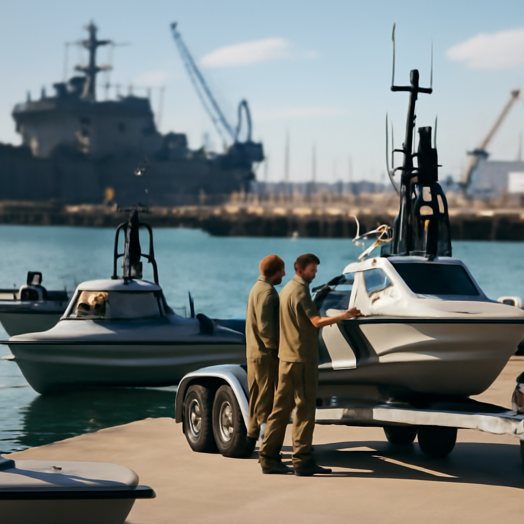 US Navy personnel prepare small drone boats for deployment at a dock.
