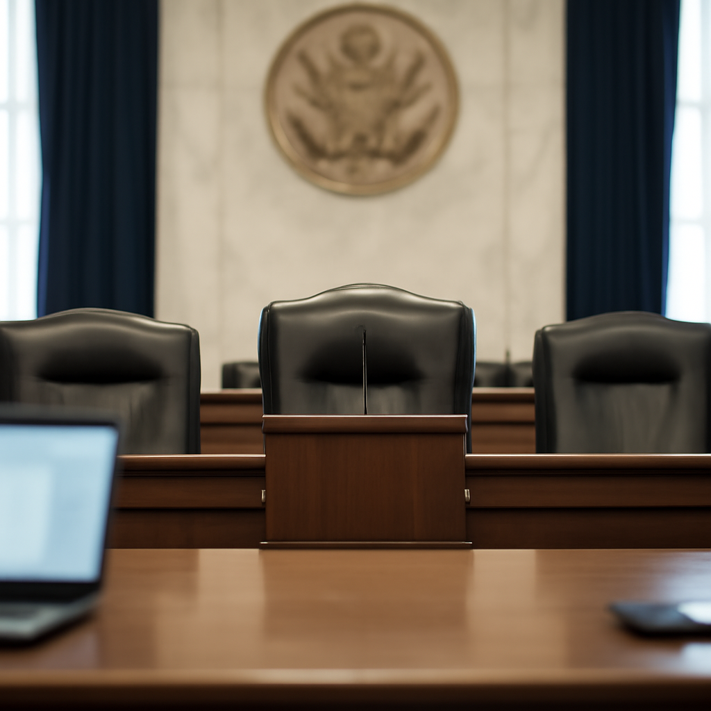 Empty chairs and a podium in a congressional hearing room with a laptop in the background.