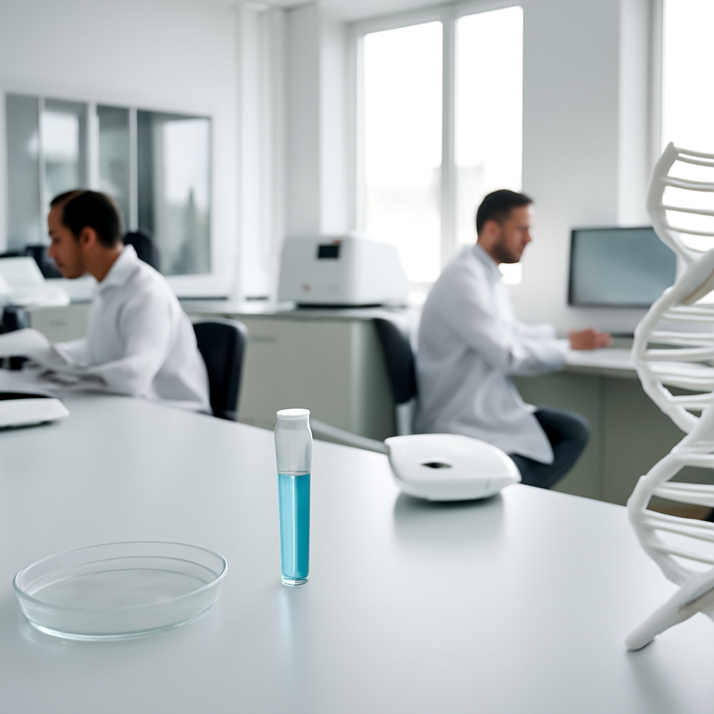 Biotech laboratory with scientists working, equipment, and computer terminals.