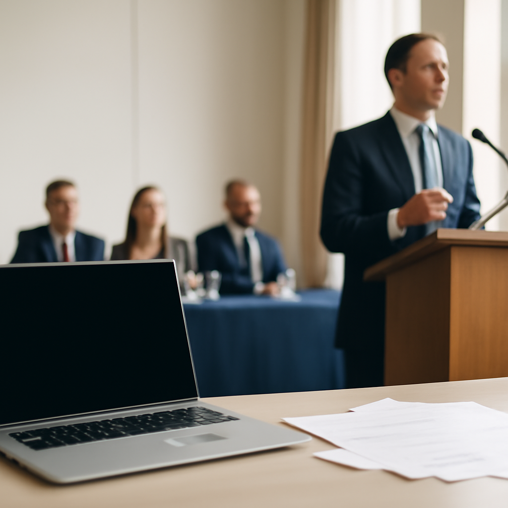 Rep. Jim Himes speaks at a panel discussion in a brightly-lit conference room.