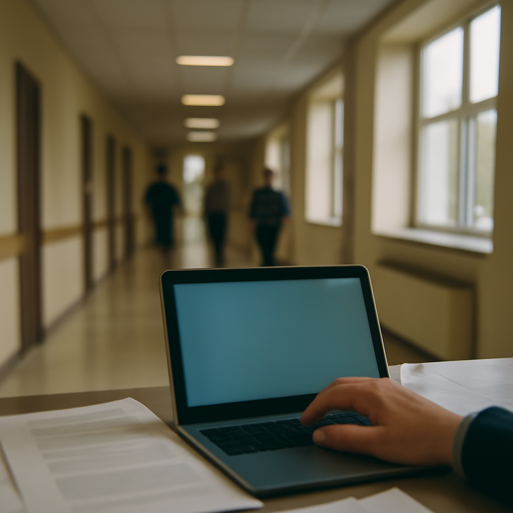 Blurred laptop screen on a table in a government-style hallway with people in the distance.