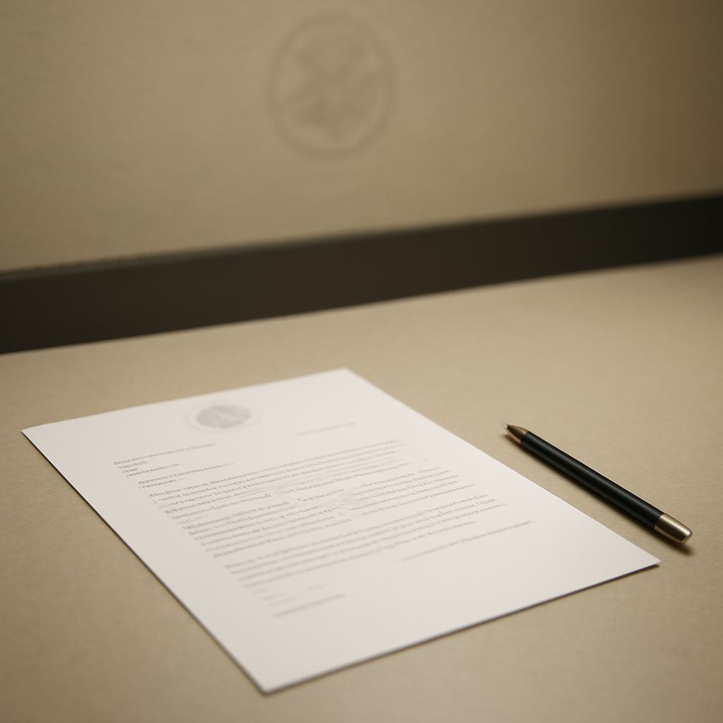 Formal document with pen on plain surface in neutral room.