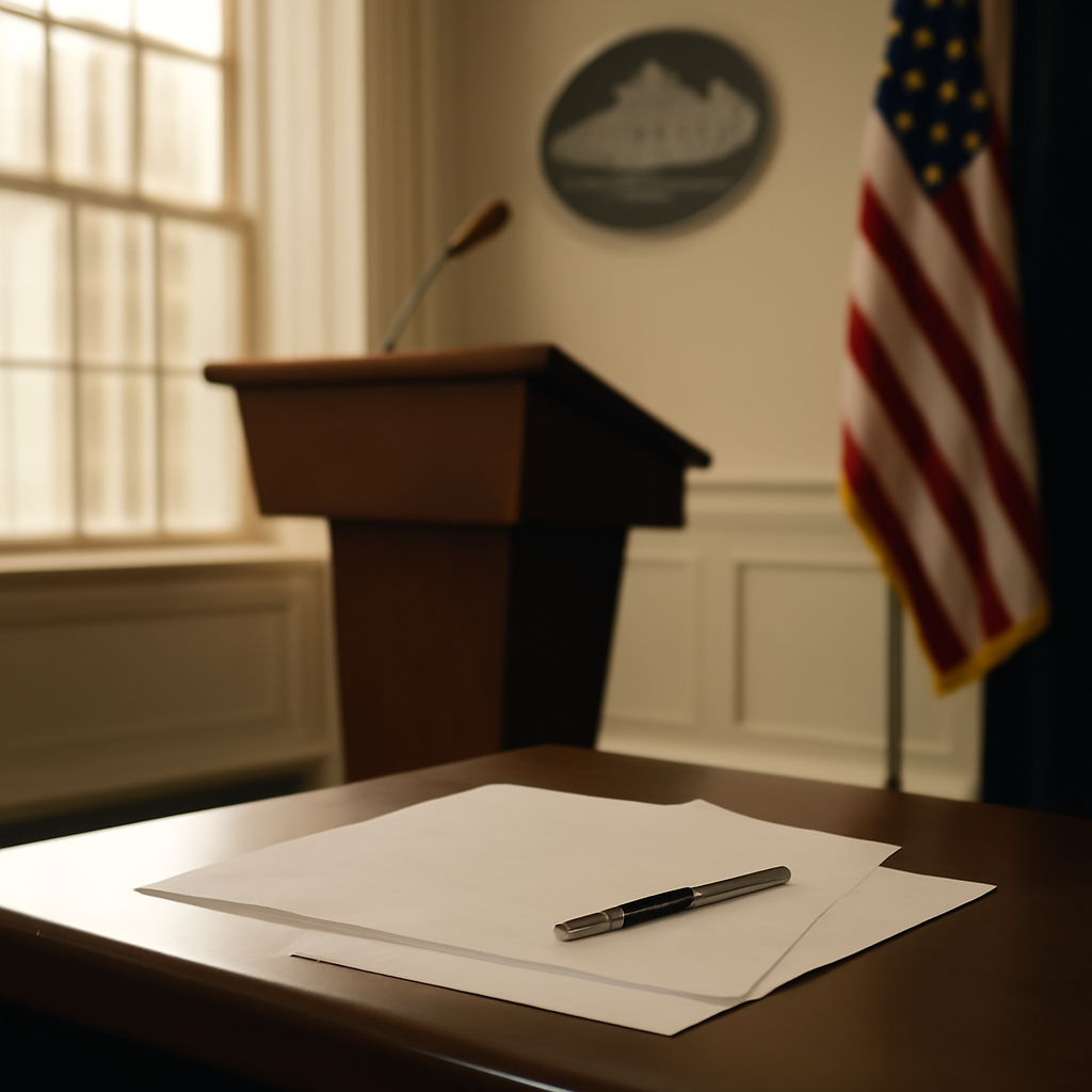 Formal government briefing room with podium and desk in foreground.