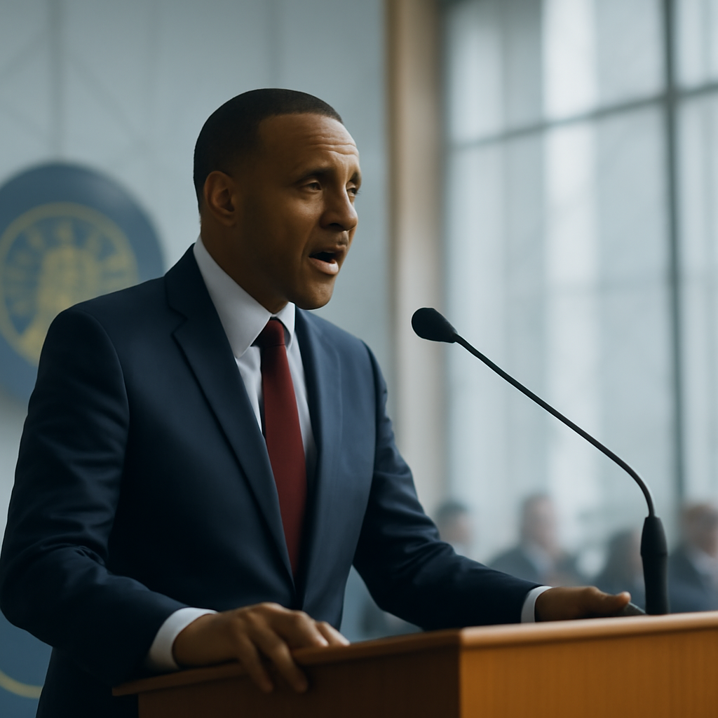 Representative speaks at podium with blurred seal behind, hint of network visual in background.