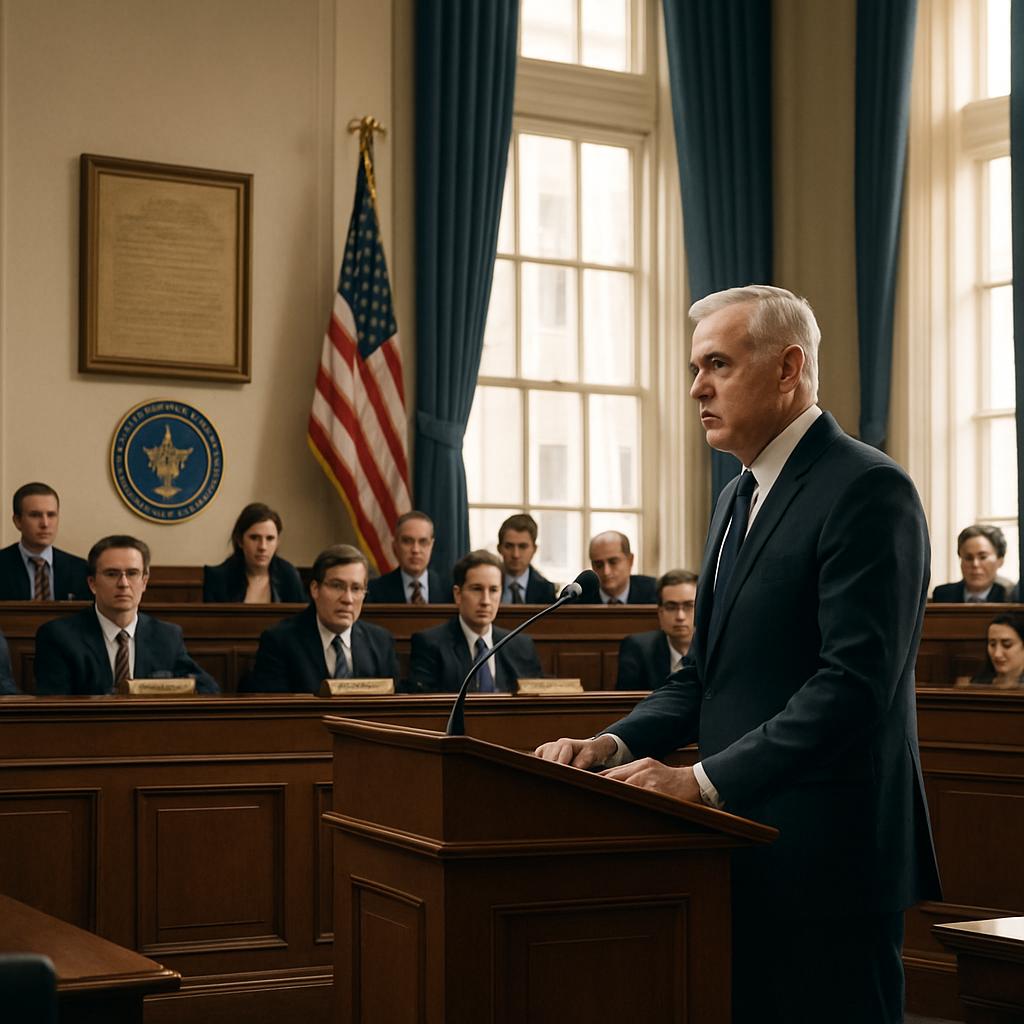 Lawmakers listen as a stern-looking figure addresses them from a podium in a congressional hearing room.