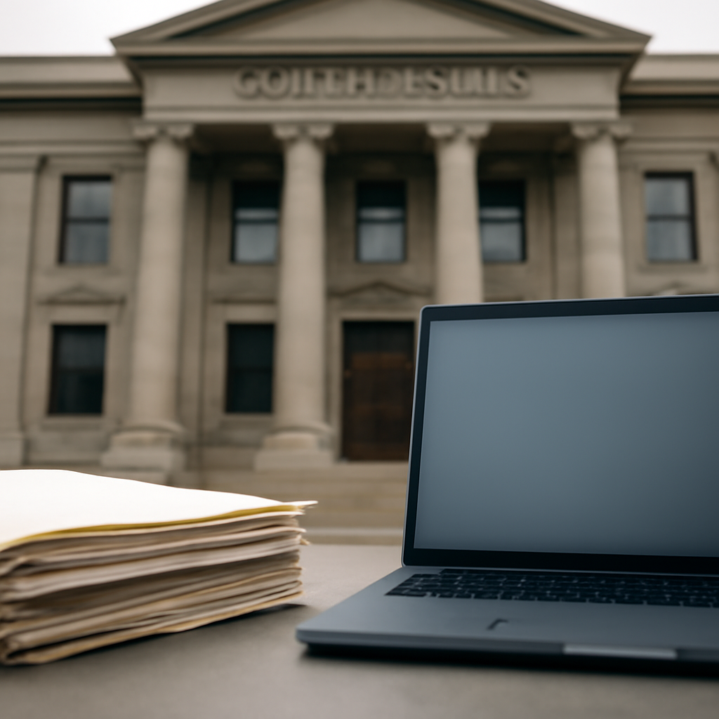 Courthouse façade with stack of documents and laptop in foreground.