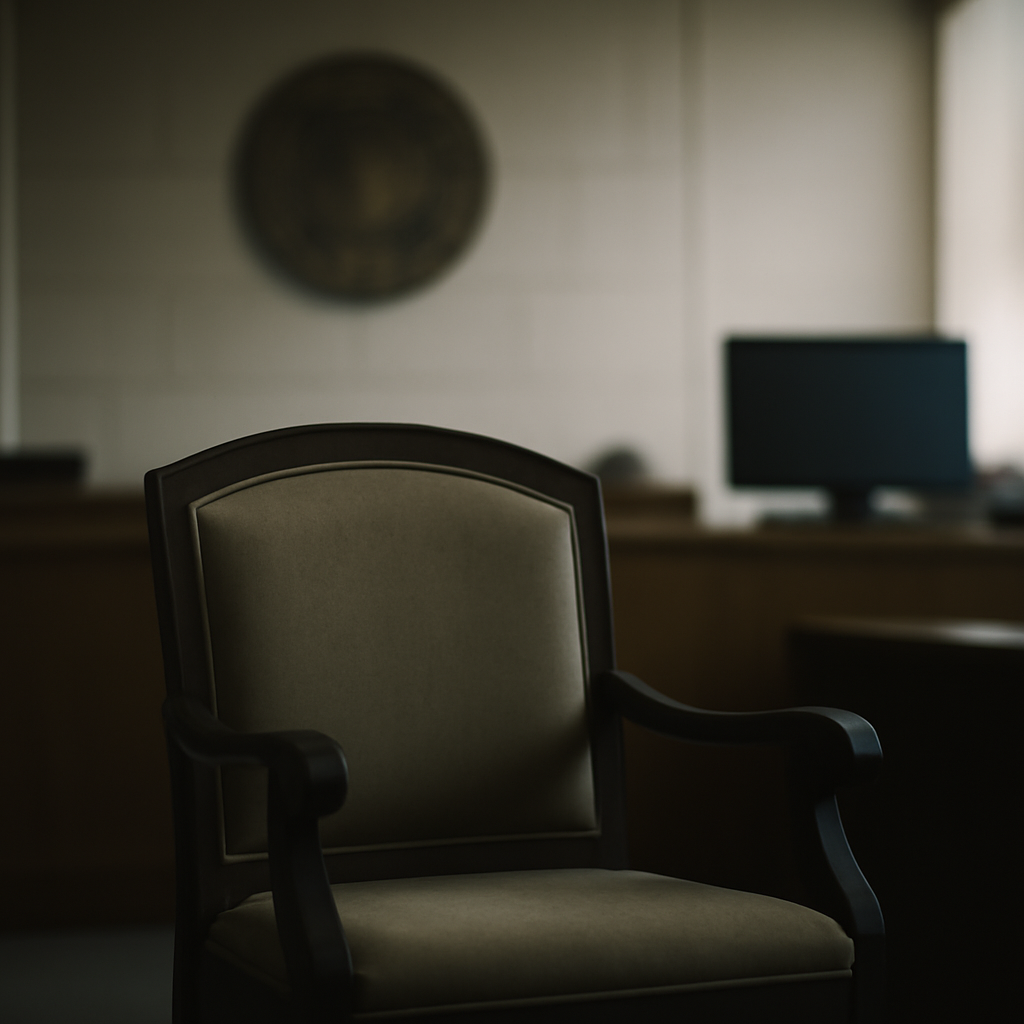 Empty chair sits in a courtroom with blurred emblem in background.