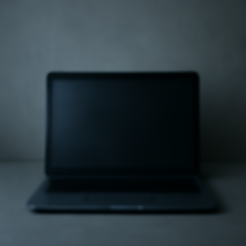 Blurred laptop screen on a plain surface in a dimly lit room, conveying solemnity and concern.