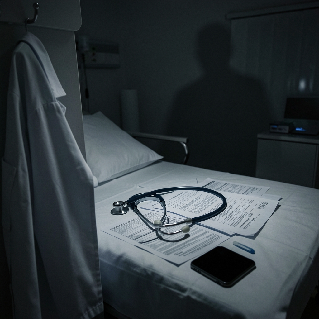Medical equipment and records scattered on a hospital bed with a smartphone and laptop nearby.