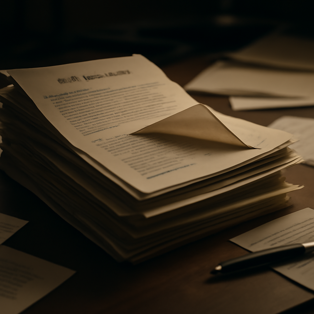 Cluttered lawyer's desk with legal documents, pen, and scattered paper.