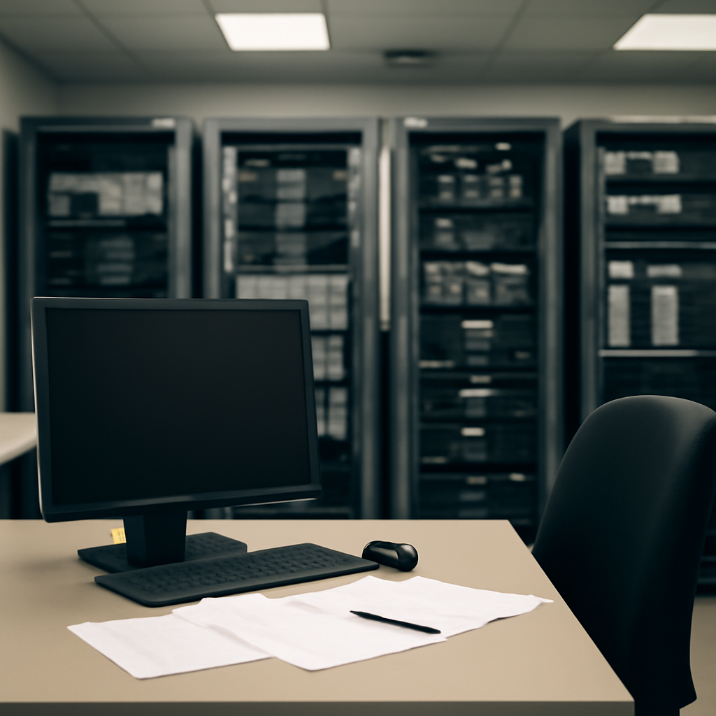 Blurred office workstation in foreground, IT equipment racks in background.