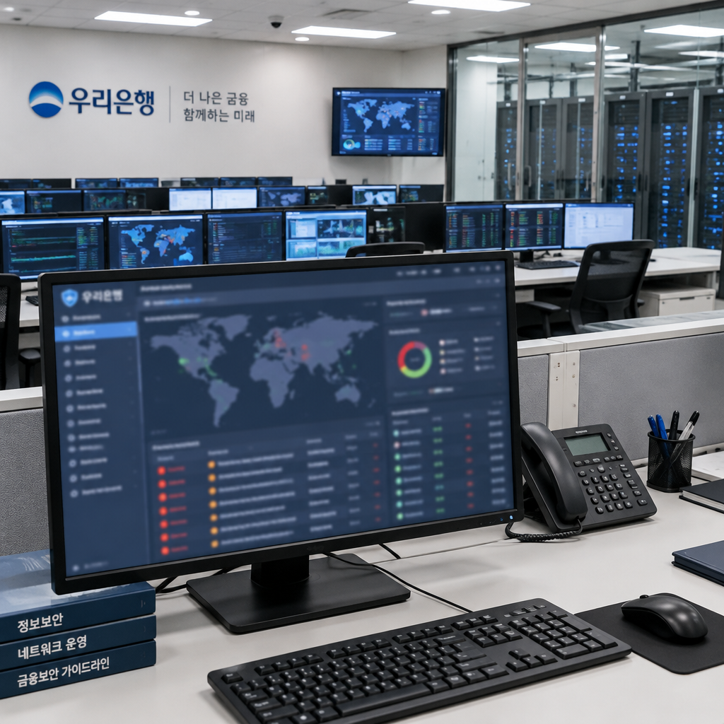 South Korean financial institution's office with security software workstation and network operations center in background.