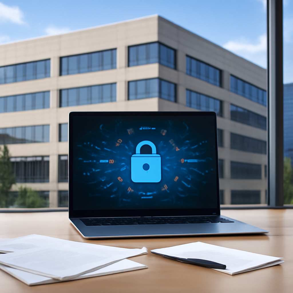 Modern office workspace with laptop, papers, and pen, hinting at secure networking setup.