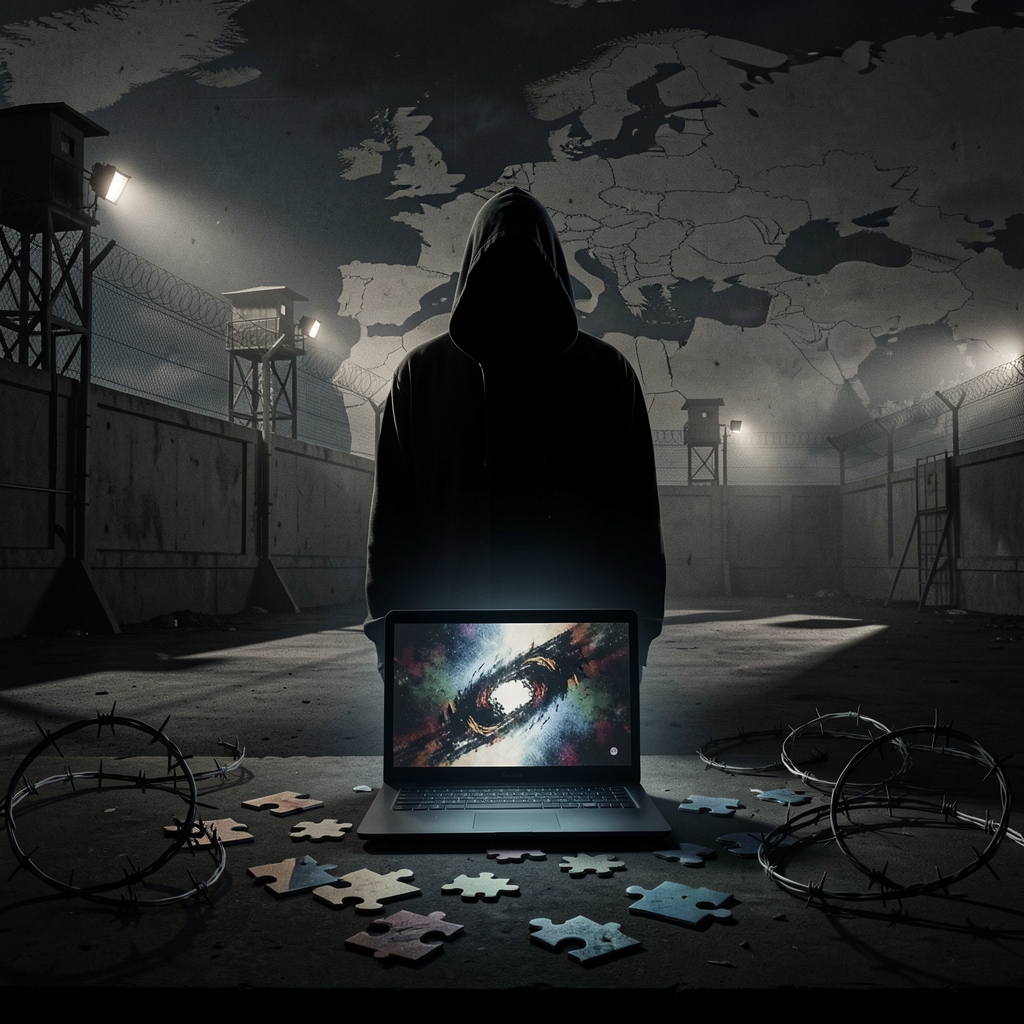 Hooded figure in shadows stands before dimly lit European map, laptop screen glowing with cryptic image amidst broken…