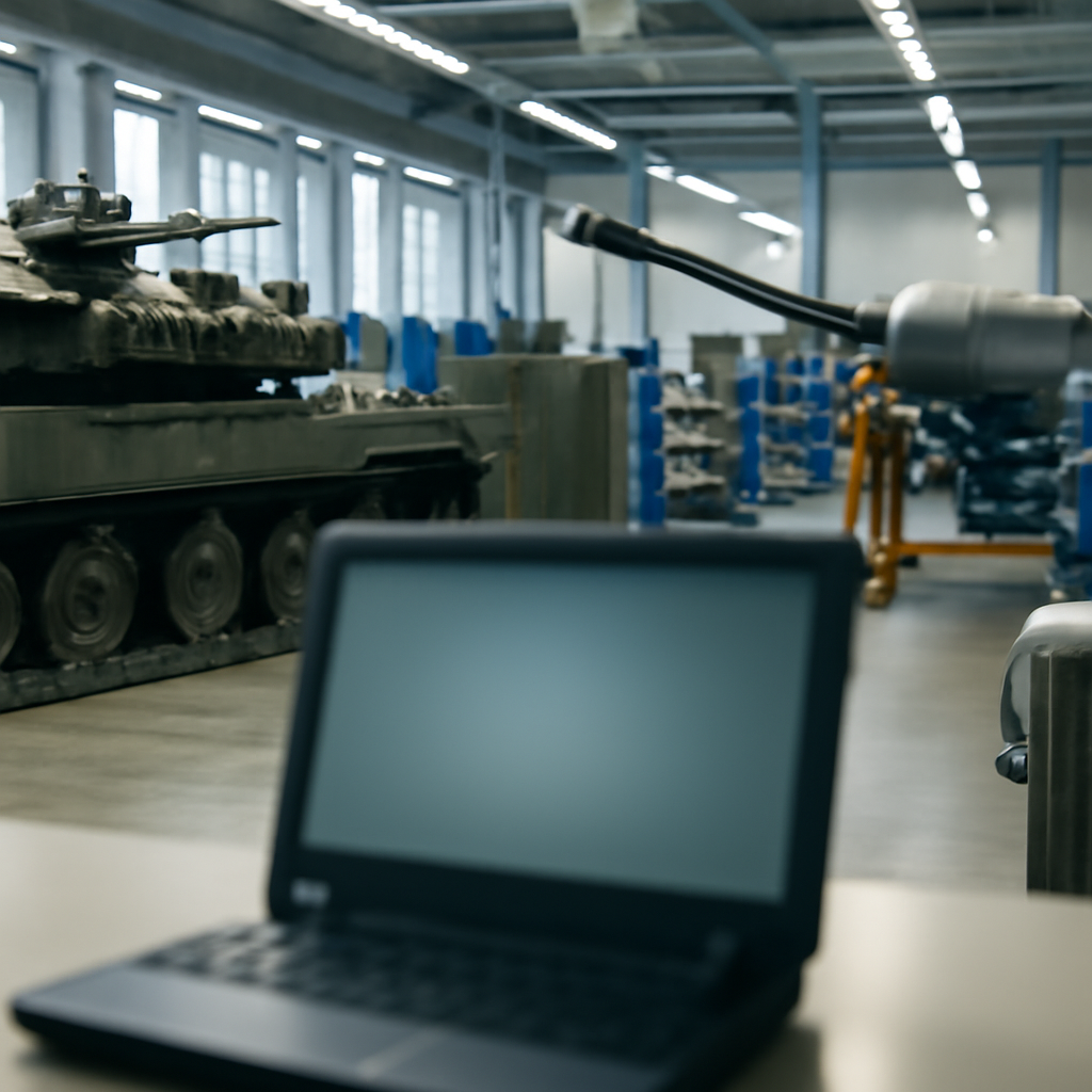 A typical defense sector industrial setting with a computer workstation in the mid-ground, surrounded by ordinary activity.