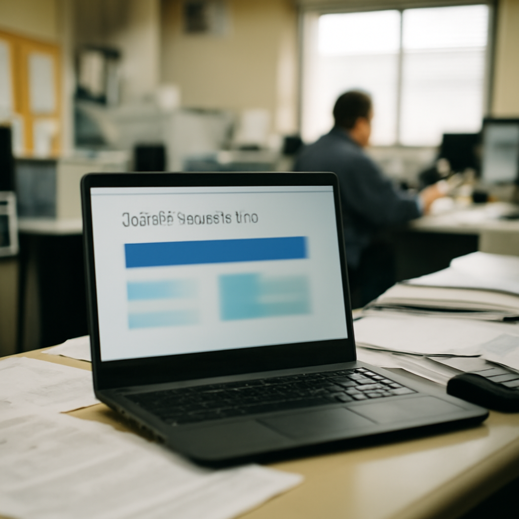 Cluttered office desk with laptop, papers, and peripherals, screen showing a blurred webpage.