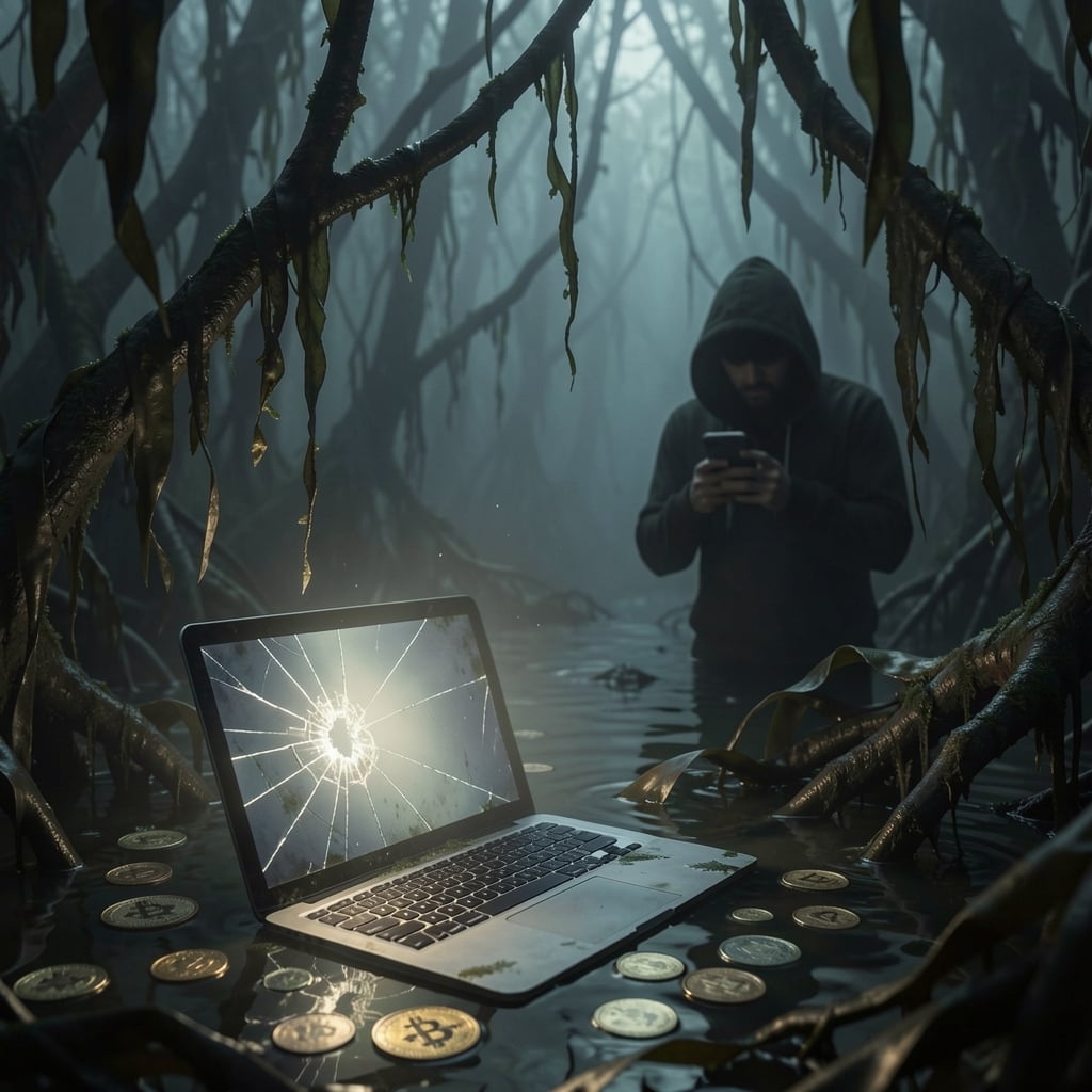 Abandoned kelp forest with tangled seaweed and a cracked laptop emitting a faint glow amidst scattered coins.