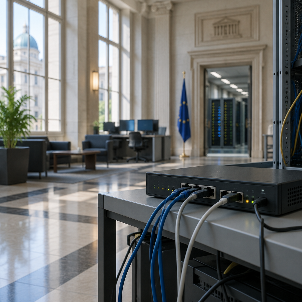 Government building interior with computer equipment and network device near windows.