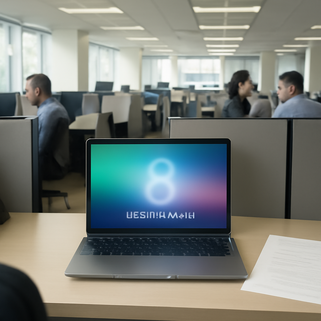 Laptop screen displays abstract encryption interface in office cubicle.
