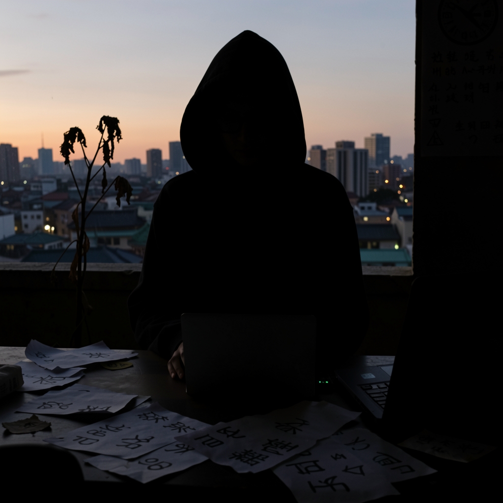 Shadowy figure in hoodie surrounded by cryptic symbols and a dead plant, with a laptop glow, set against a dusk cityscape.