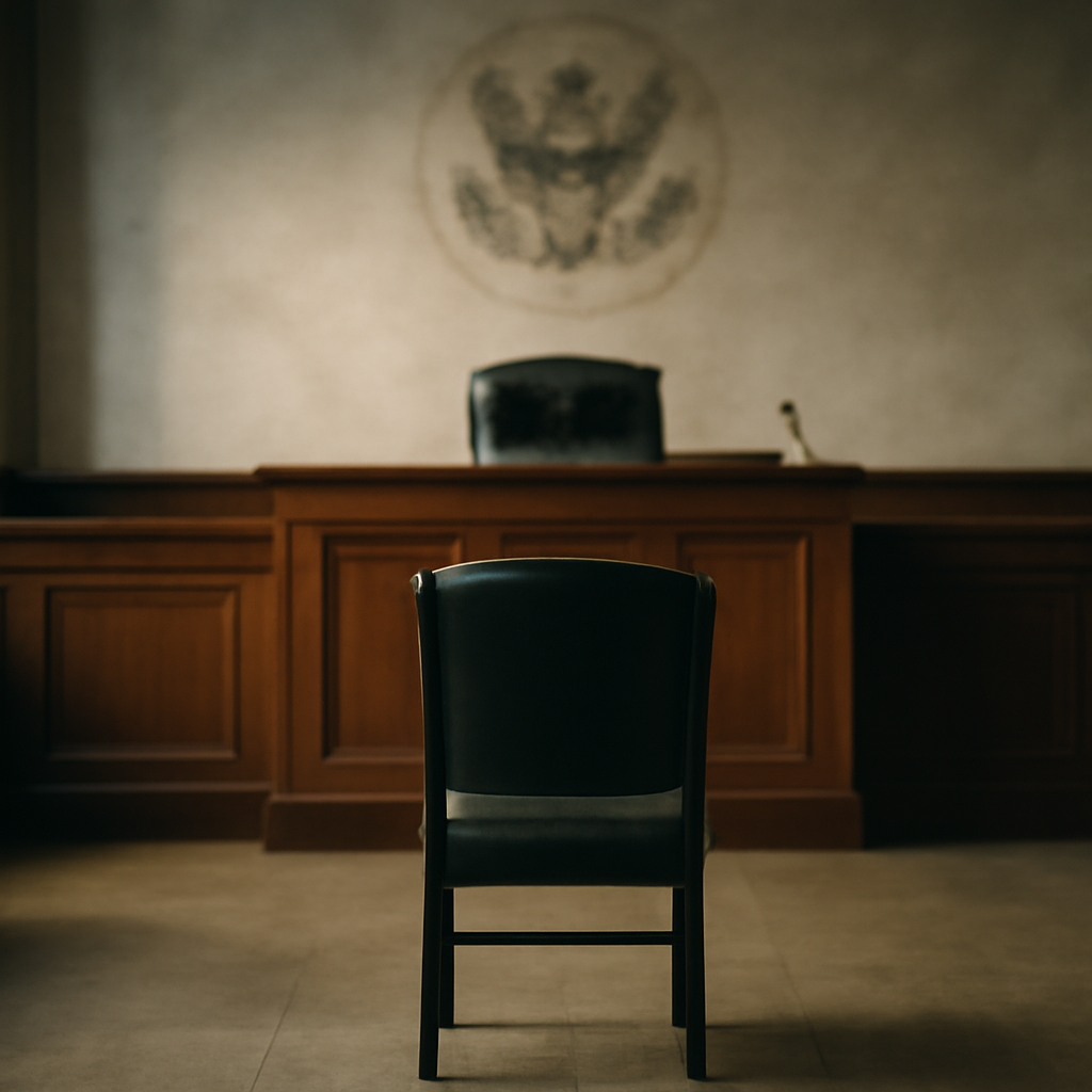 Federal courtroom with empty chair, judge's bench, and blurred agency emblem, conveying solemnity.