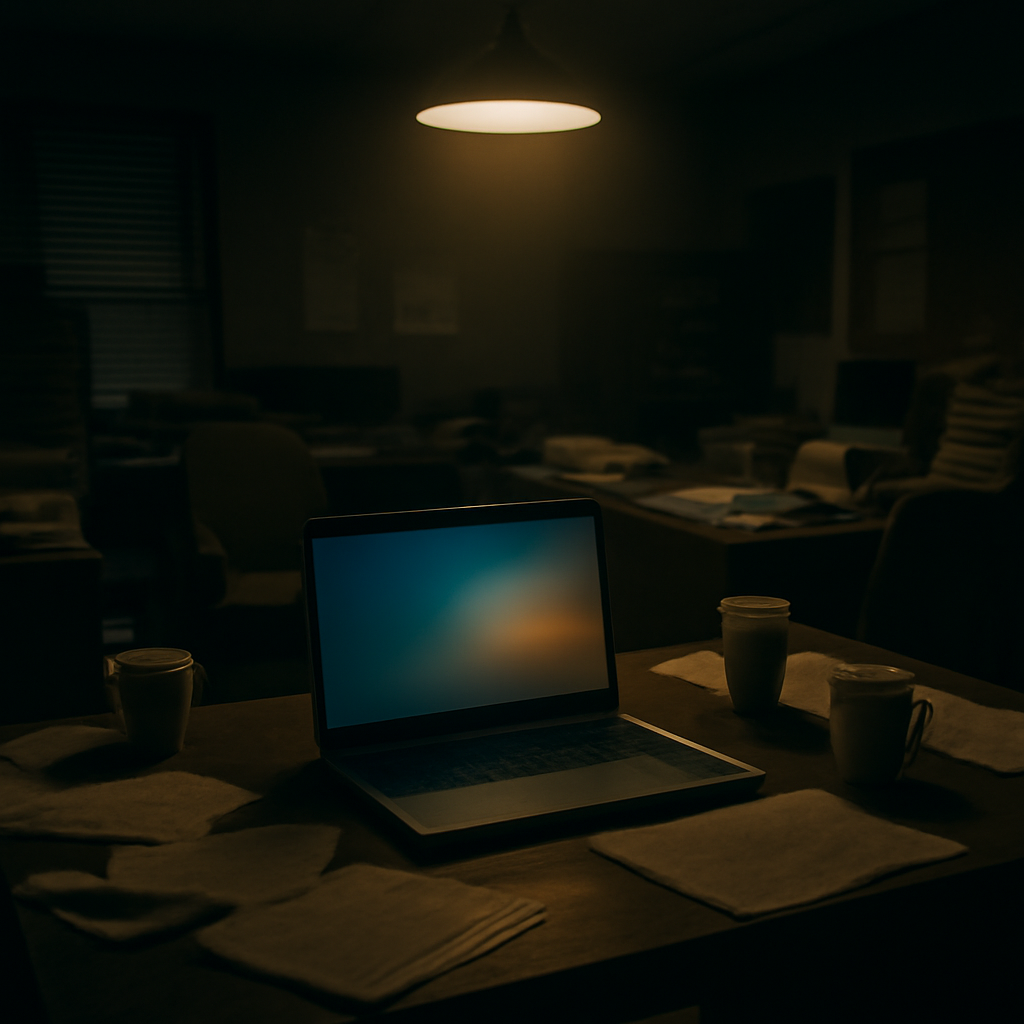 Dimly lit office space with scattered papers and a laptop displaying a blurred image.