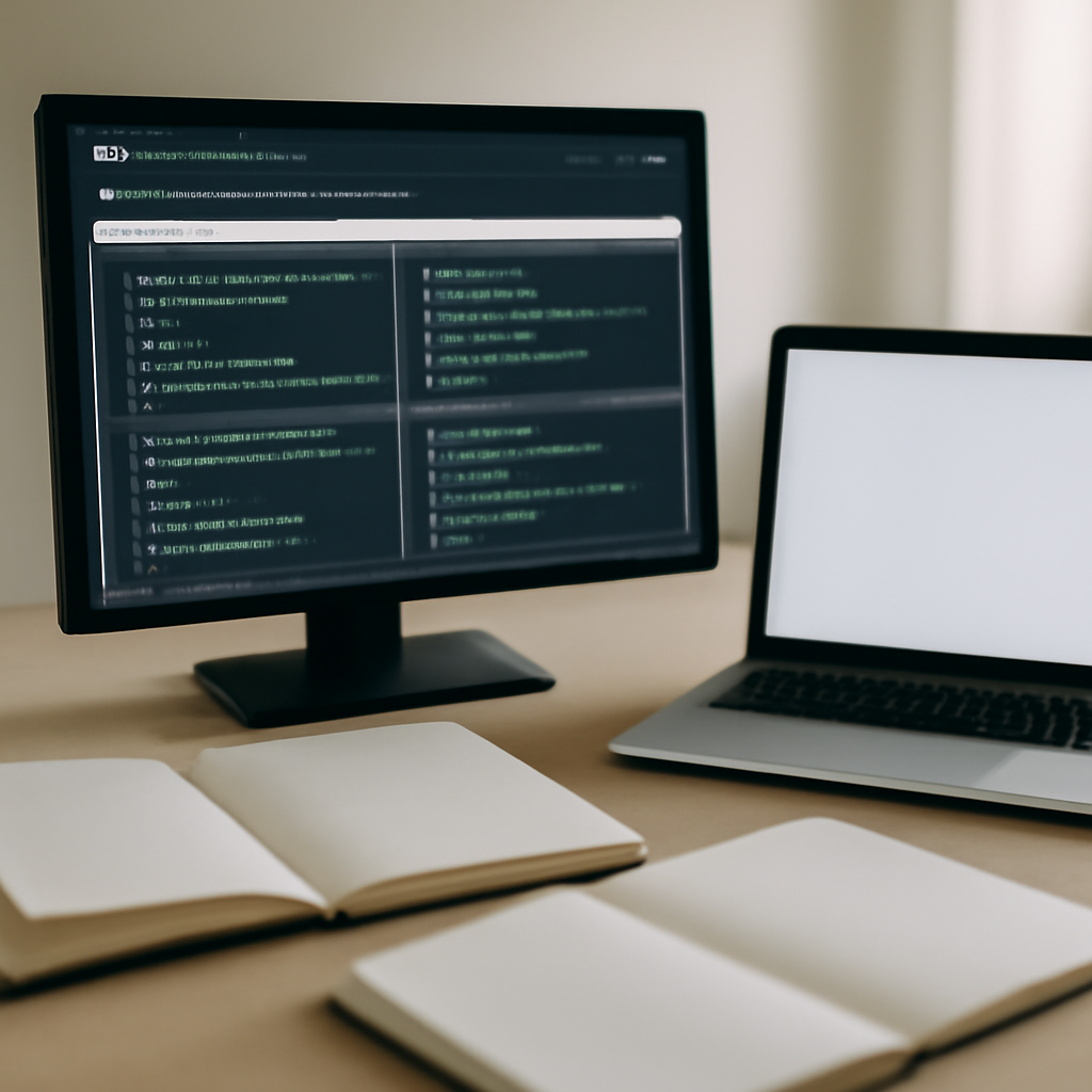 GitHub code repository terminal with multiple windows and code snippets on a clean desk surrounded by notebooks and a laptop.